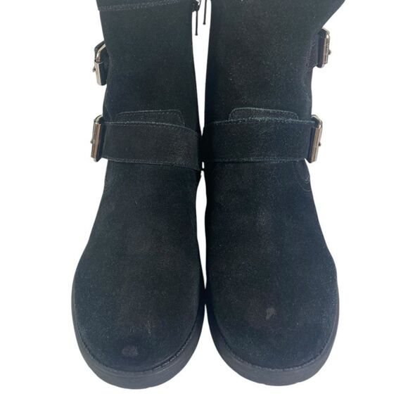 Steve Madden 7.5 Alick black suede moto boots w/buckles and low heel - Picture 4 of 6